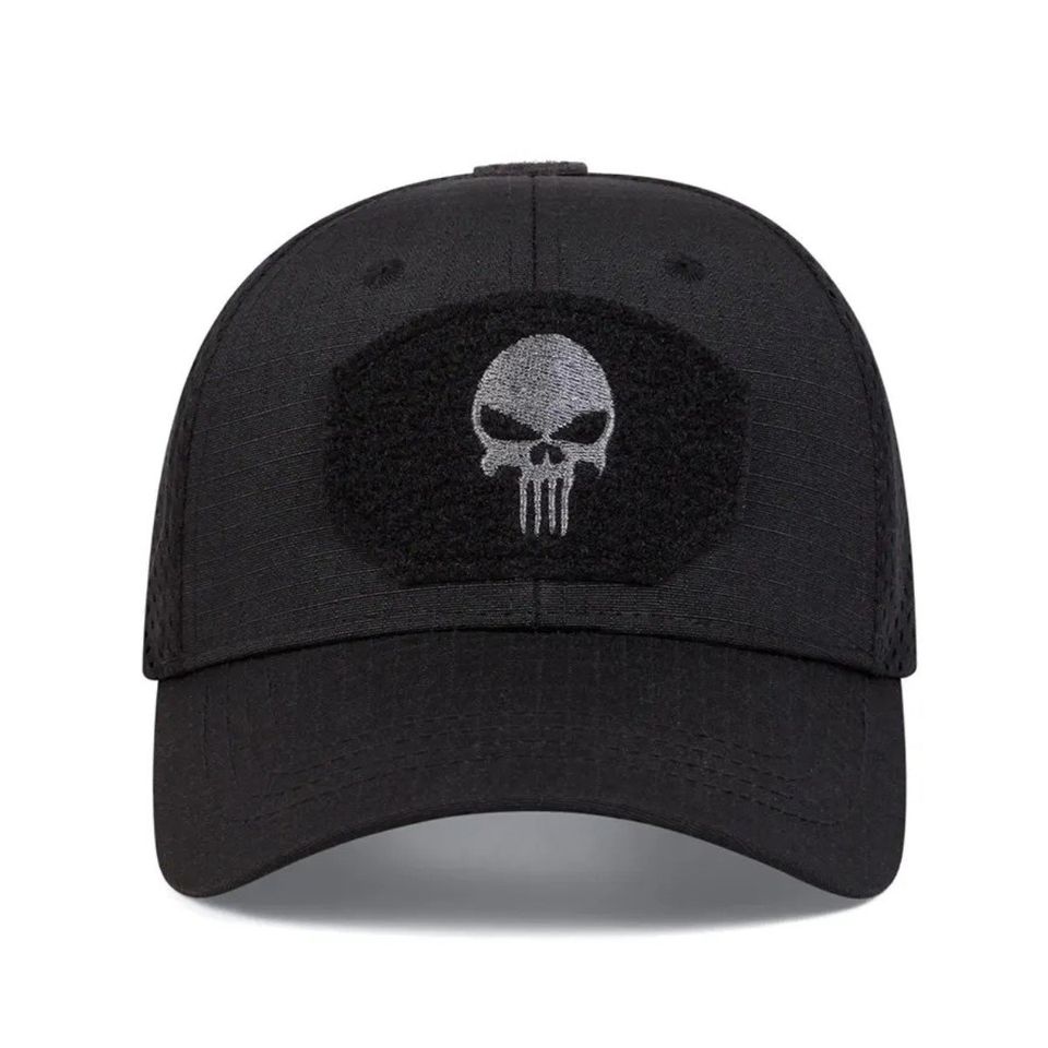 Gorra cráneo negro táctico velcro bordado sombreros deporte moto bici ajustables sombrero solar.