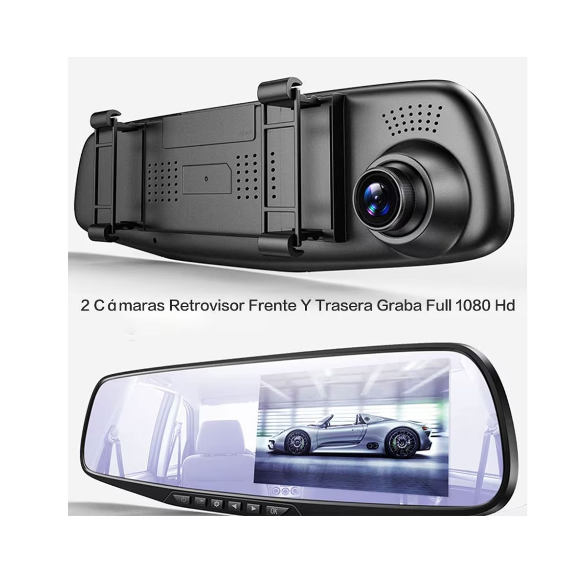 Retrovisor Camara Dashcam Graba Frontal Full HD y Reversa Pantalla Integrada al Espejo.