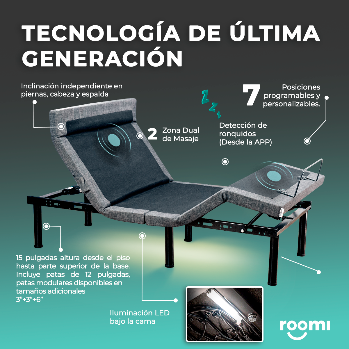 Cama Eléctrica Queen Size Ajustable con Control Remoto, Función Masaje y Luz Bajo Cama ROOMI.