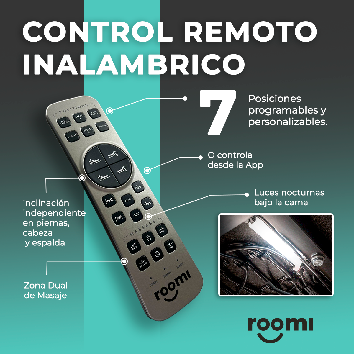 Cama Eléctrica King Size Ajustable con Control Remoto, Función Masaje y Luz Bajo Cama ROOMI.