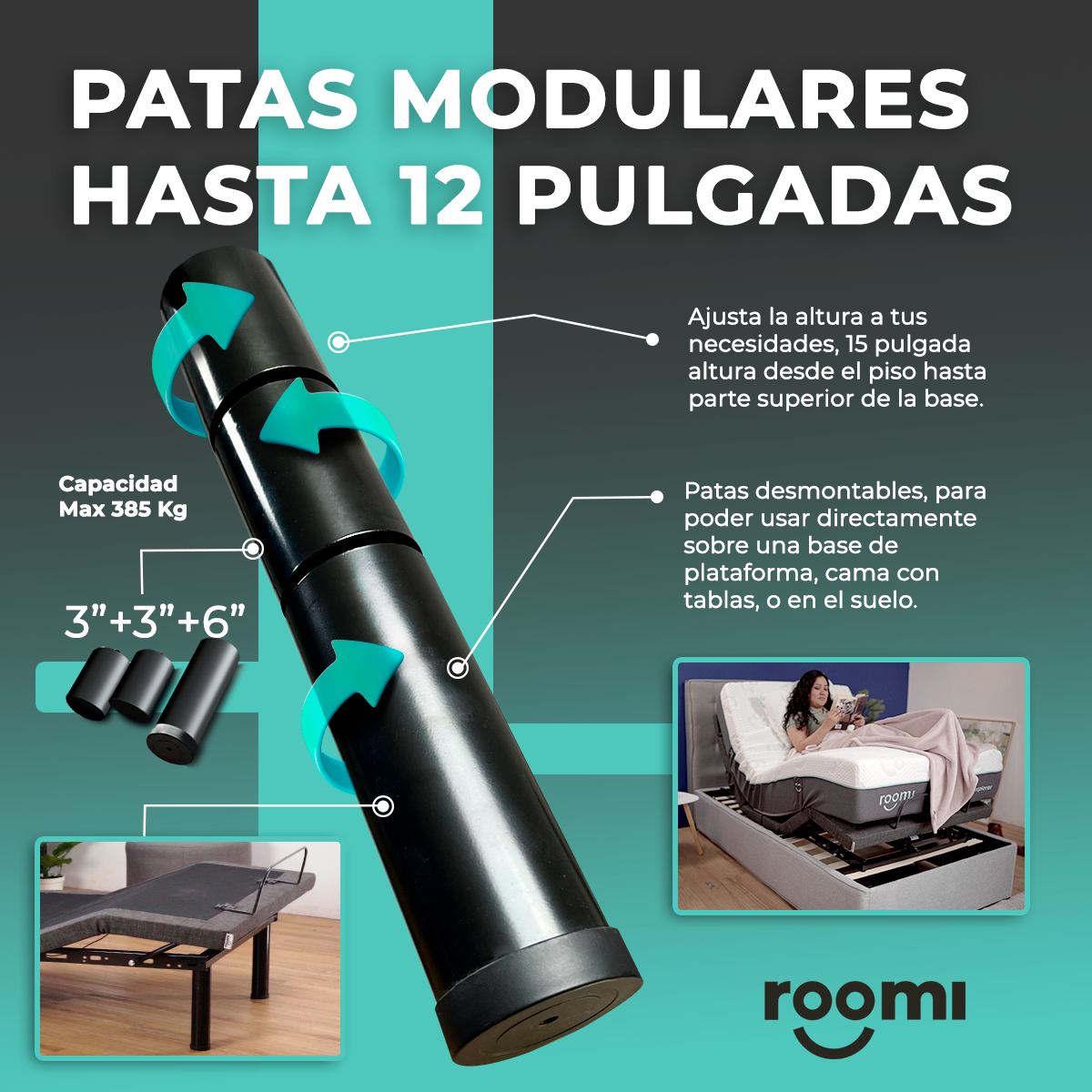 Cama Eléctrica King Size Ajustable con Control Remoto, Función Masaje y Luz Bajo Cama ROOMI.