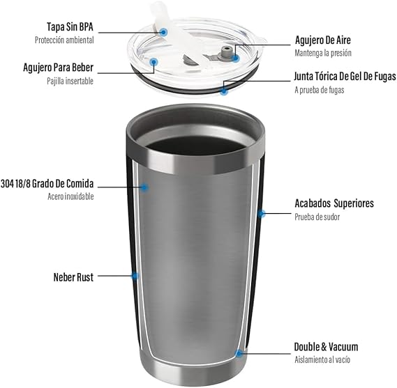 A DEESTE 3PCS Vasos Termicos Frio y Caliente con Tapa, Pajita, Cepillo de Limpieza, Botella Infusor de Vacío Doble, para Cafe, Termos de Acero Inoxidable para Hombre, Mujer, Regalo(20oz/590ml).