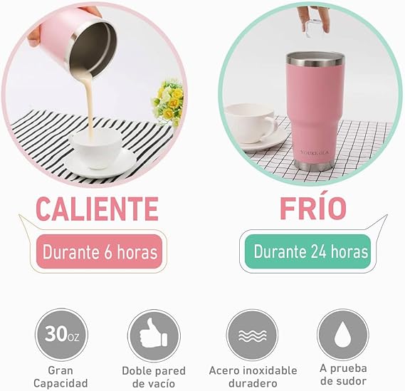 A 30 Oz Termo de Acero Inoxidable, BAKEWAY Vaso Térmico de Acero Inoxidable para Calor y Frío, Termo para Café con Tapa Hermética Antifugas para Exteriores, Oficinas, Hogar (887.206 ml) (Rosa).