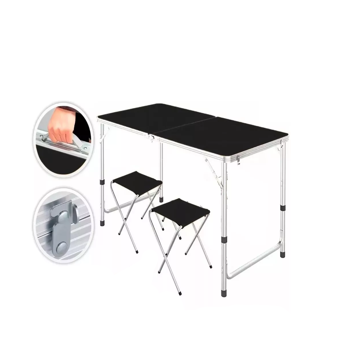 Mesa Plegable Portafolio 90cm Con 2 Sillas Portátiles Jardin Negro.