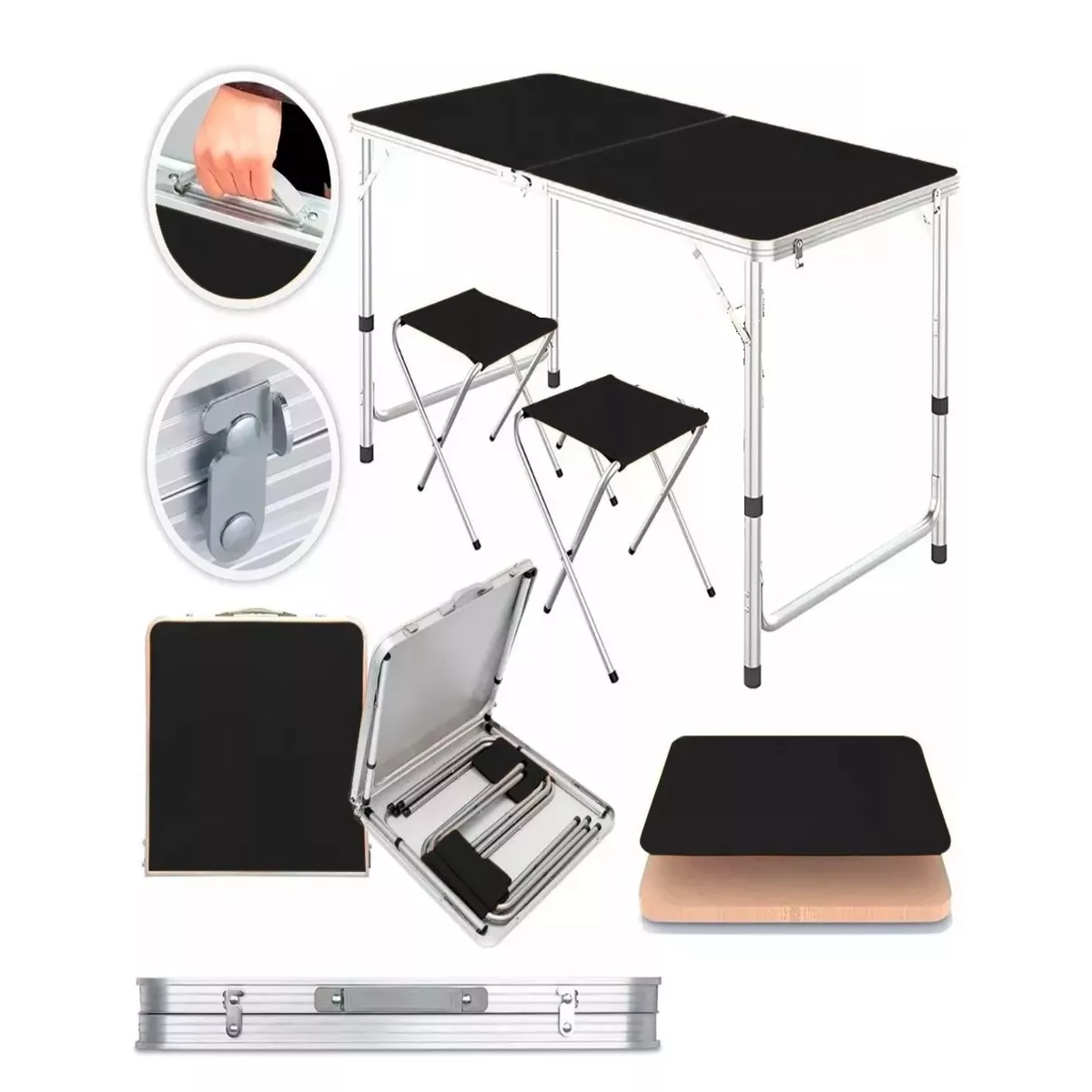 Mesa Plegable Portafolio 90cm Con 2 Sillas Portátiles Jardin Negro.