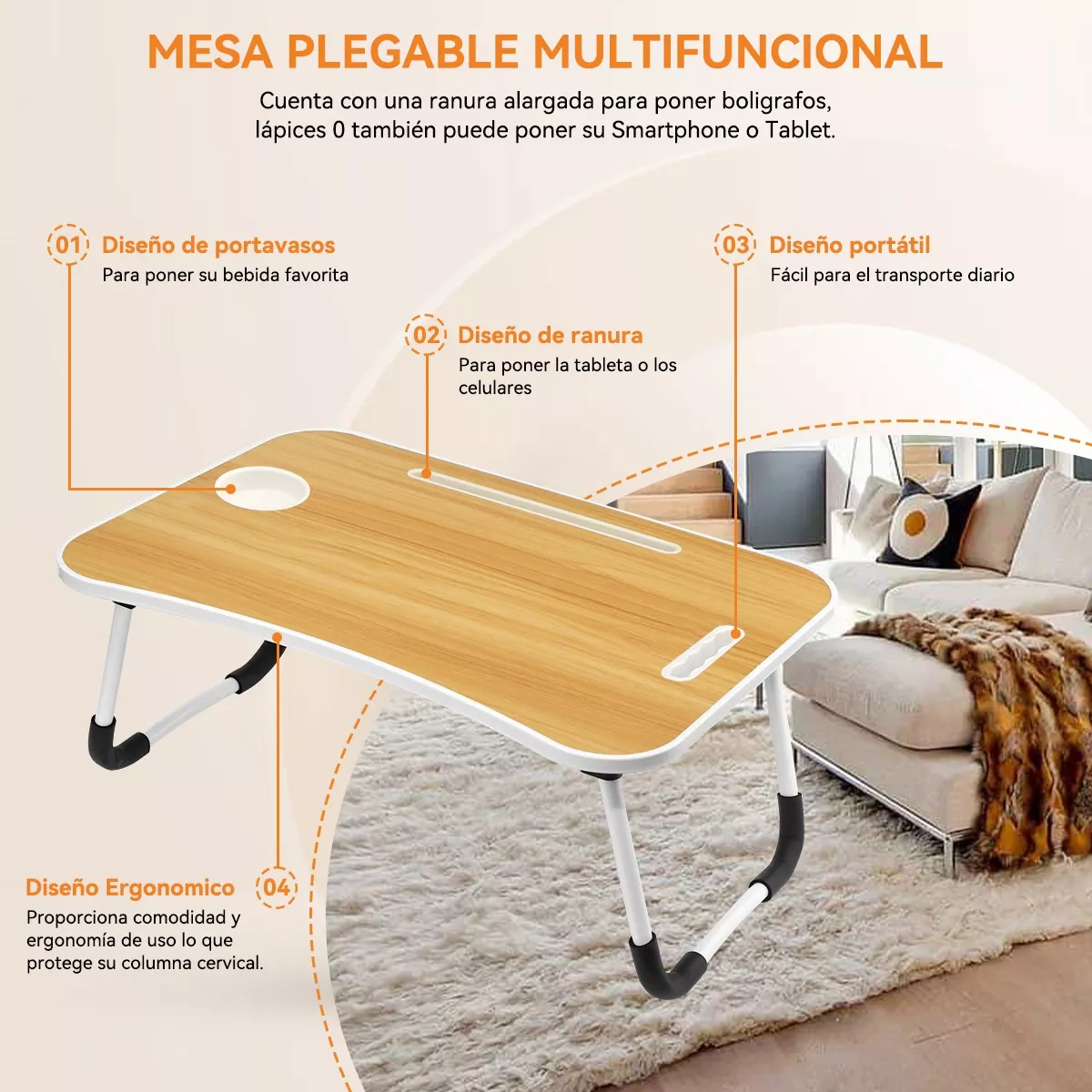 Mesa Plegable De Madera Soporte Para Laptop Con Asa Portátil Madera.