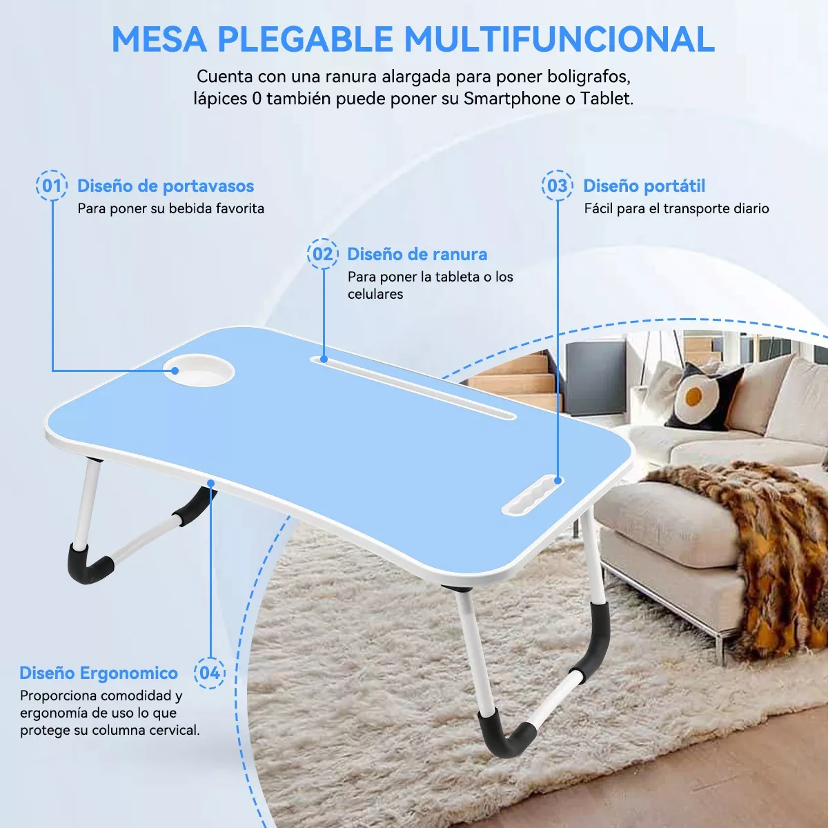 Mesa Plegable Portátil Para Laptop/cama Multiusos Escritorio Azul.