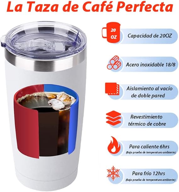 A Vaso Térmico de Acero Inoxidable 20OZ,Termos para Cafe Frio y Caliente con Popote,Tapa Hermética,2-Pajita y 2-Cepillo de Limpieza,Vaso Portátil de Viaje,para Cafe,Té, Agua y Bebidas(Blanco).