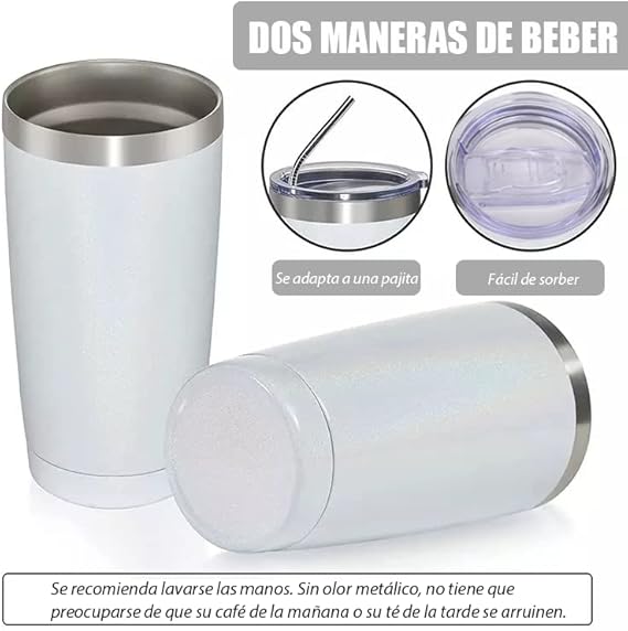 A Vaso Térmico de Acero Inoxidable 20OZ,Termos para Cafe Frio y Caliente con Popote,Tapa Hermética,2-Pajita y 2-Cepillo de Limpieza,Vaso Portátil de Viaje,para Cafe,Té, Agua y Bebidas(Blanco).