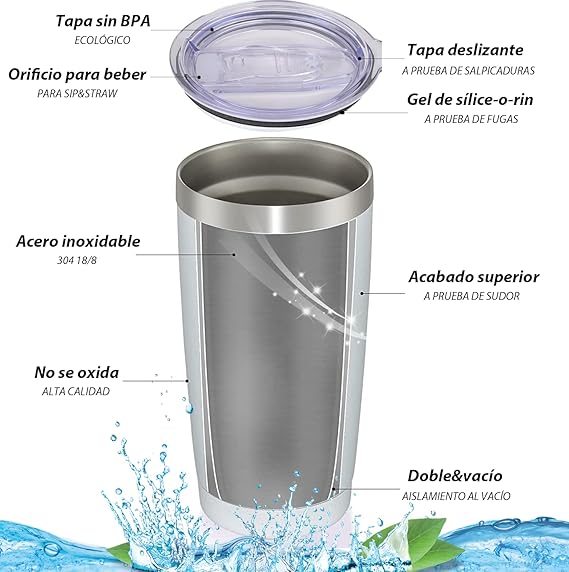 A Vaso Térmico de Acero Inoxidable 20OZ,Termos para Cafe Frio y Caliente con Popote,Tapa Hermética,2-Pajita y 2-Cepillo de Limpieza,Vaso Portátil de Viaje,para Cafe,Té, Agua y Bebidas(Blanco).