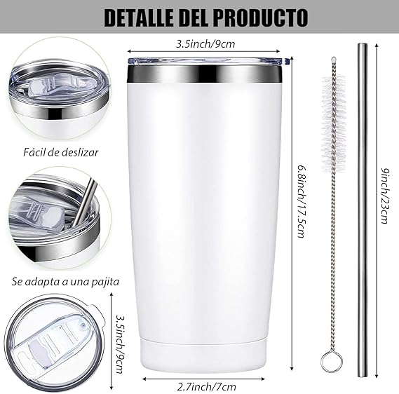 A Vaso Térmico de Acero Inoxidable 20OZ,Termos para Cafe Frio y Caliente con Popote,Tapa Hermética,2-Pajita y 2-Cepillo de Limpieza,Vaso Portátil de Viaje,para Cafe,Té, Agua y Bebidas(Blanco).