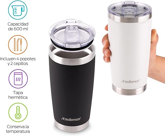 A Redlemon Vaso Térmico Doble Pared de Acero Inoxidable 600 ml (2 Piezas). Termo para Agua y Café con Tapa Hermética. Taza Mantiene tu Bebida Caliente 4 Horas y Fría 6 Horas. Incluye Popotes y Limpiador.