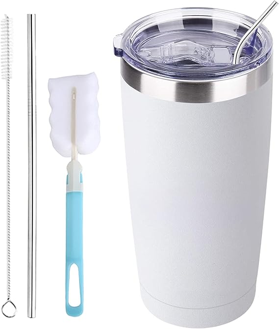 A Vaso Térmico de Acero Inoxidable 20OZ,Termos para Cafe Frio y Caliente con Popote,Tapa Hermética,2-Pajita y 2-Cepillo de Limpieza,Vaso Portátil de Viaje,para Cafe,Té, Agua y Bebidas(Blanco).