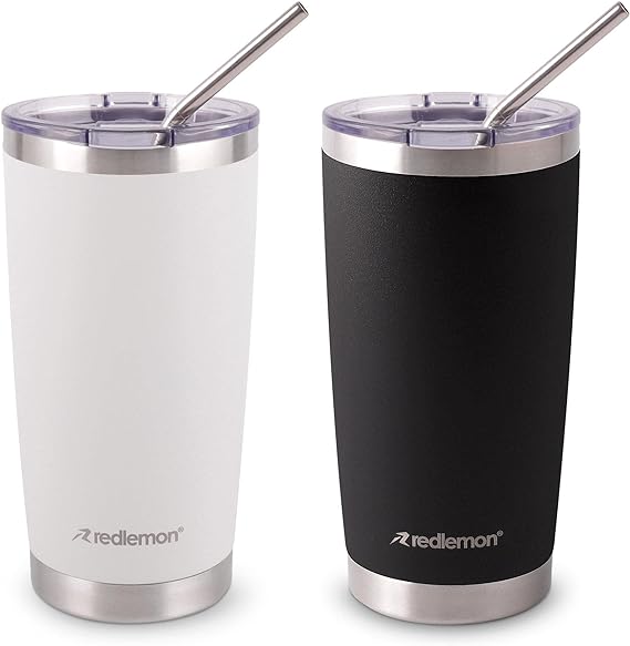 A Redlemon Vaso Térmico Doble Pared de Acero Inoxidable 600 ml (2 Piezas). Termo para Agua y Café con Tapa Hermética. Taza Mantiene tu Bebida Caliente 4 Horas y Fría 6 Horas. Incluye Popotes y Limpiador.
