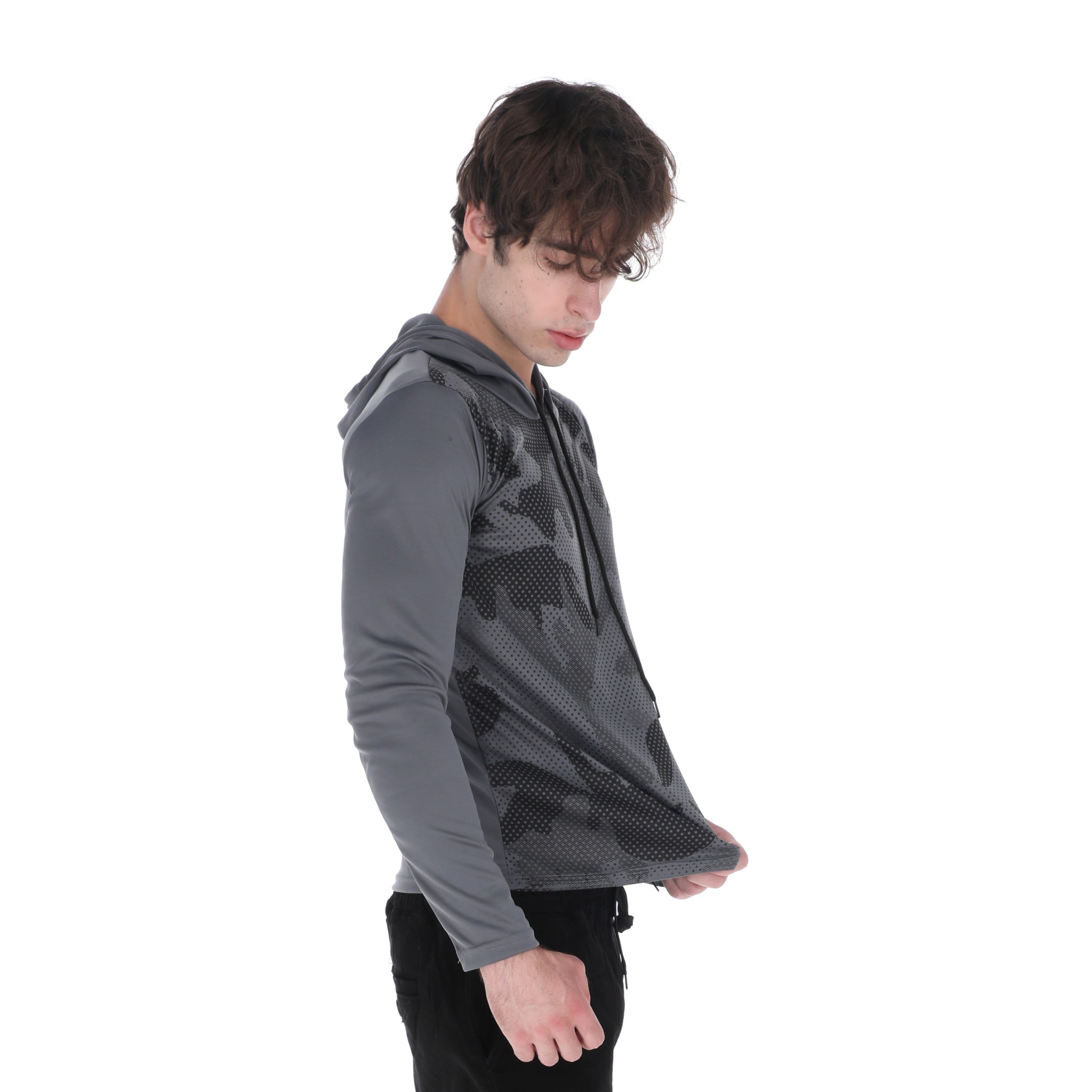 Playera Deportiva Manga Larga Con Capucha Color Gris Para Hombre CHB Chili Beans Clothing Co.