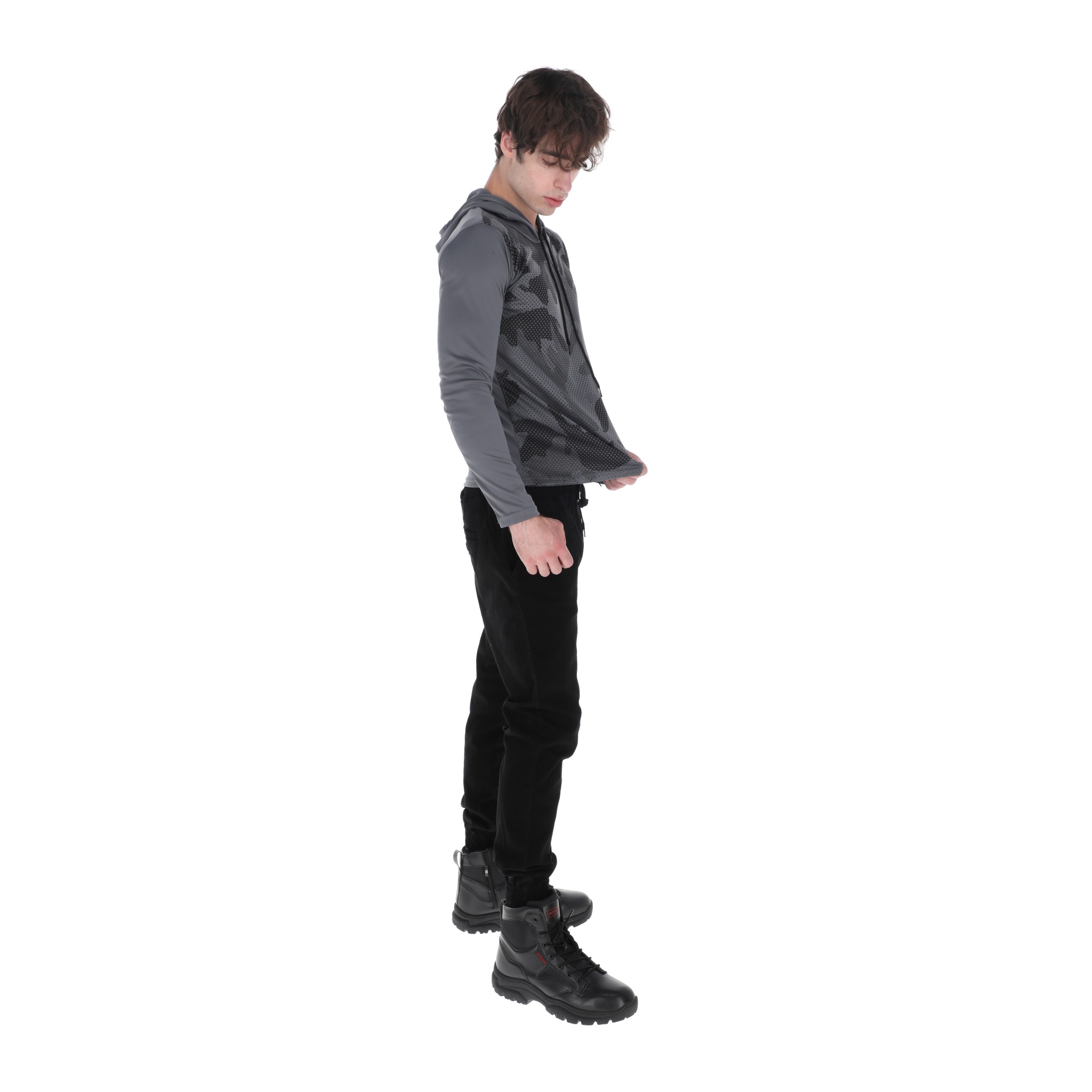 Playera Deportiva Manga Larga Con Capucha Color Gris Para Hombre CHB Chili Beans Clothing Co.