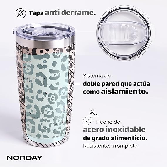 A NORDAY | Termos para Agua - Termo Tumbler Arena Leopardo | Vaso Termico 20oz - 600ml | Vasos de Acero Inoxidable - Termos para Cafe - Temperatura 24hs | Regalos Para Mujer - Regalos para Hombre.
