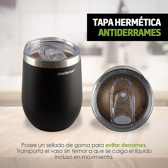 A Redlemon Vaso Térmico y Termos para Café (2 piezas), Copas de Vino y Cerveza de Acero Inoxidable con Tapa Hermética, Vaso con Popote y Taza para Bebidas Calientes 3 Horas y Frías 4 Horas (350 ml).