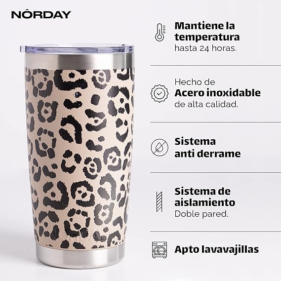 A NORDAY | Termos para Agua - Termo Tumbler Arena Leopardo | Vaso Termico 20oz - 600ml | Vasos de Acero Inoxidable - Termos para Cafe - Temperatura 24hs | Regalos Para Mujer - Regalos para Hombre.