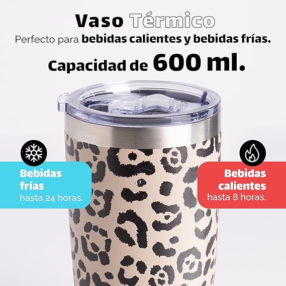 A NORDAY | Termos para Agua - Termo Tumbler Arena Leopardo | Vaso Termico 20oz - 600ml | Vasos de Acero Inoxidable - Termos para Cafe - Temperatura 24hs | Regalos Para Mujer - Regalos para Hombre.