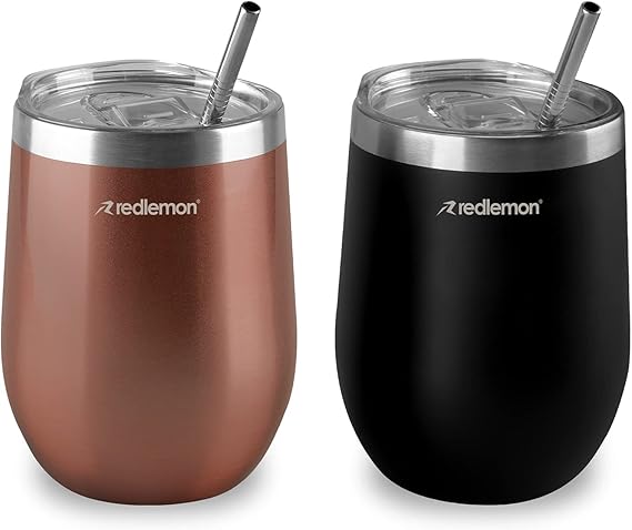 A Redlemon Vaso Térmico y Termos para Café (2 piezas), Copas de Vino y Cerveza de Acero Inoxidable con Tapa Hermética, Vaso con Popote y Taza para Bebidas Calientes 3 Horas y Frías 4 Horas (350 ml).