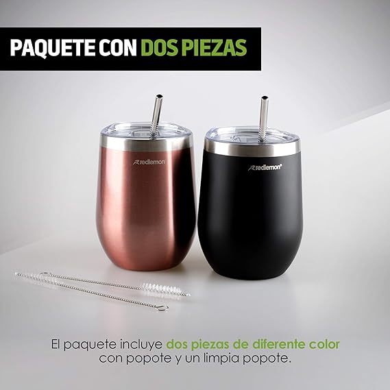 A Redlemon Vaso Térmico y Termos para Café (2 piezas), Copas de Vino y Cerveza de Acero Inoxidable con Tapa Hermética, Vaso con Popote y Taza para Bebidas Calientes 3 Horas y Frías 4 Horas (350 ml).