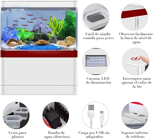 AbaqKalza Mini Pecera para Pez Betta con Filtro,1.5 Galones Pecera para Peces con Iluminación Led 3 Colores,Mini Tanque Acuario con USB Bomba de Agua para Escritorio Oficina Hogar.