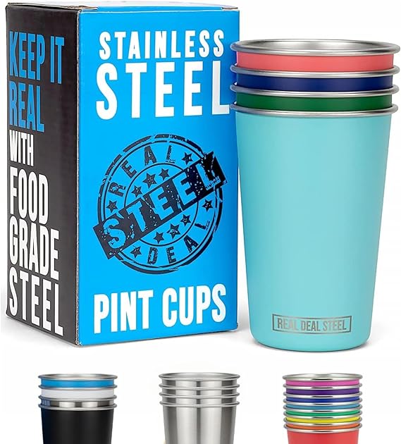 A Real Deal - Pintas de acero para fiestas: tazas de pinta de 16 onzas, vasos apilables, vasos ecológicos de metal premium.
