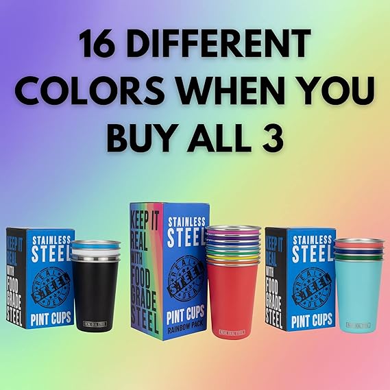 A Real Deal - Pintas de acero para fiestas: tazas de pinta de 16 onzas, vasos apilables, vasos ecológicos de metal premium.