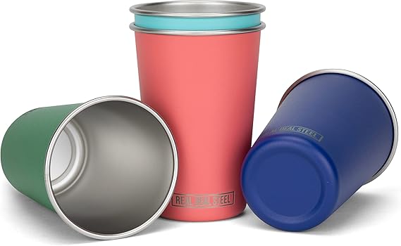 A Real Deal - Pintas de acero para fiestas: tazas de pinta de 16 onzas, vasos apilables, vasos ecológicos de metal premium.