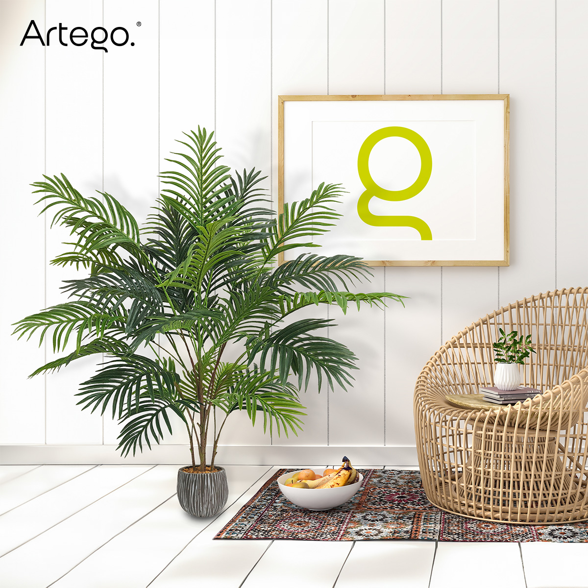 Planta artificial decorativa moderna con maceta Palmera Hawaii de 130cm de alto Artego para hogar sala comercio oficina.