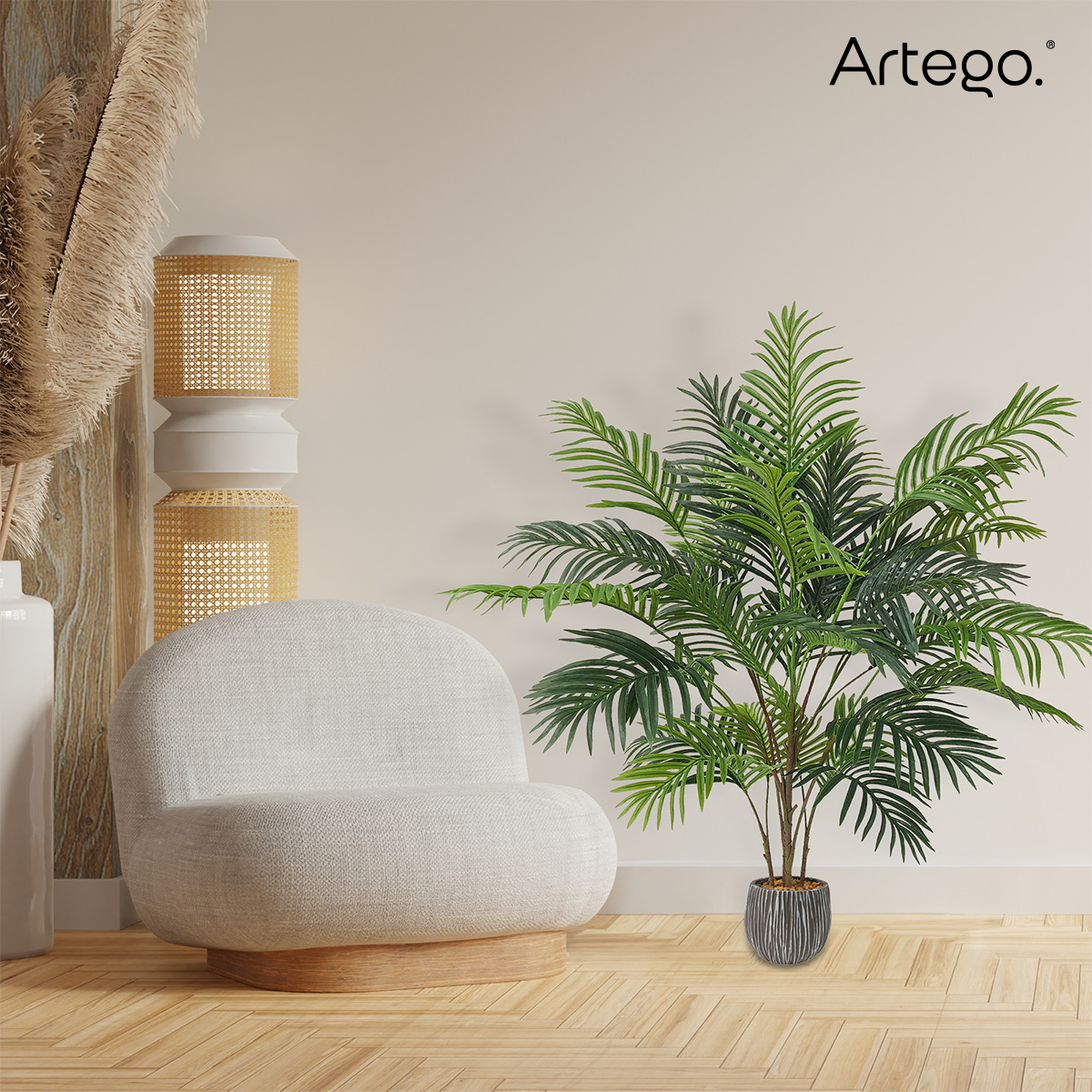 Planta artificial decorativa moderna con maceta Palmera Hawaii de 130cm de alto Artego para hogar sala comercio oficina.