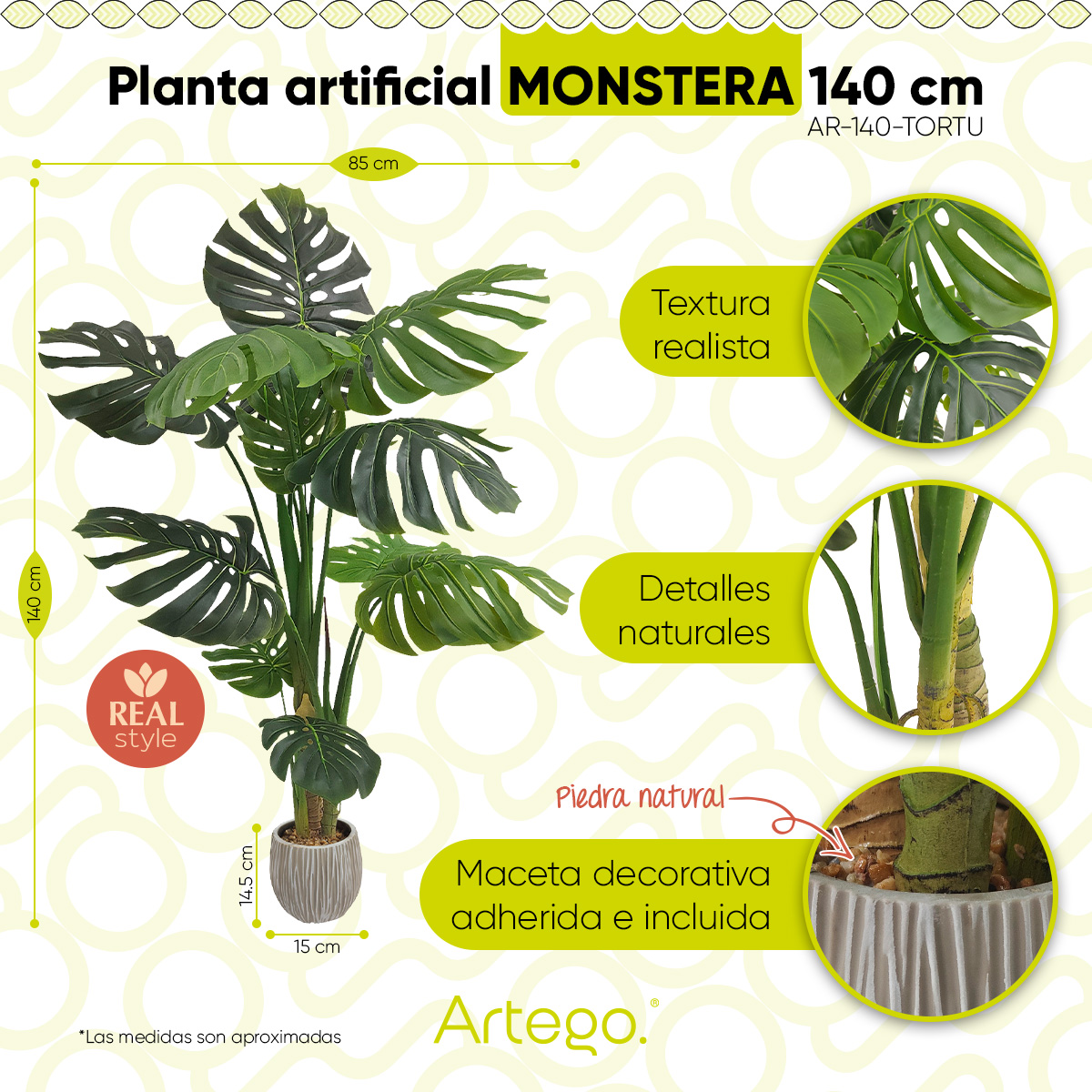 Planta artificial decorativa moderna con maceta Monstera de 140cm de alto Artego para hogar sala comercio oficina.
