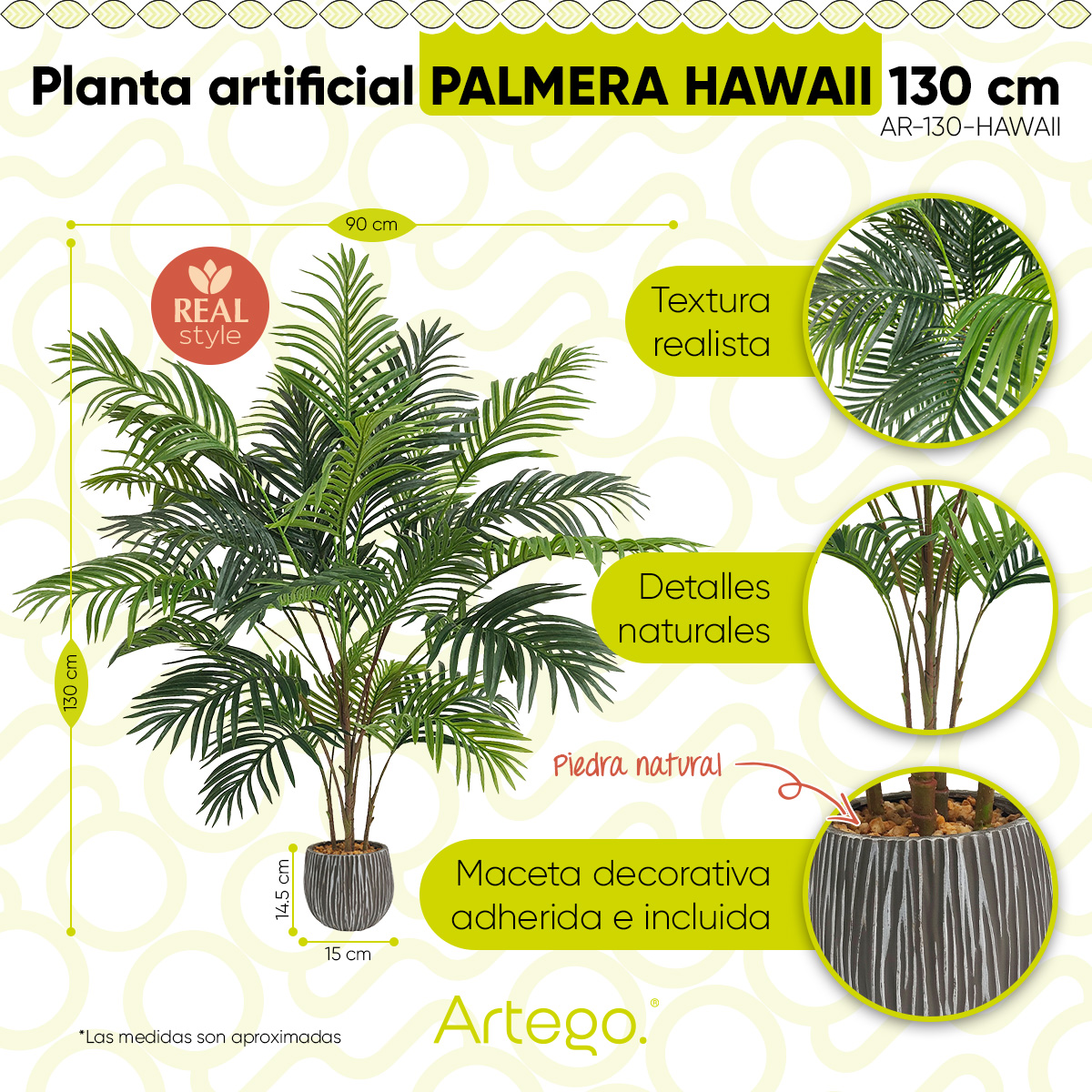 Planta artificial decorativa moderna con maceta Palmera Hawaii de 130cm de alto Artego para hogar sala comercio oficina.
