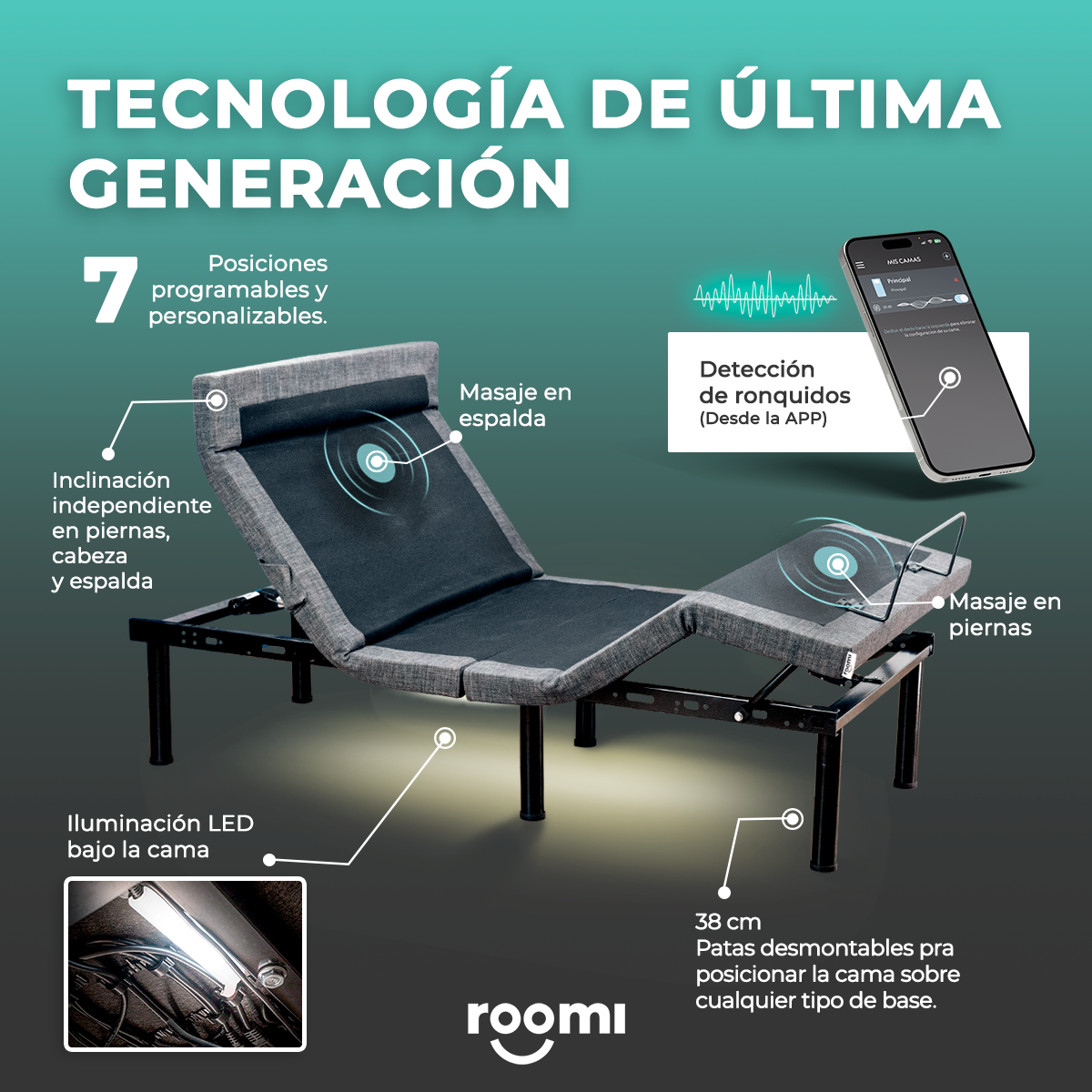Cama Eléctrica King Size Ajustable con Control Remoto, Función Masaje y Luz Bajo Cama ROOMI.
