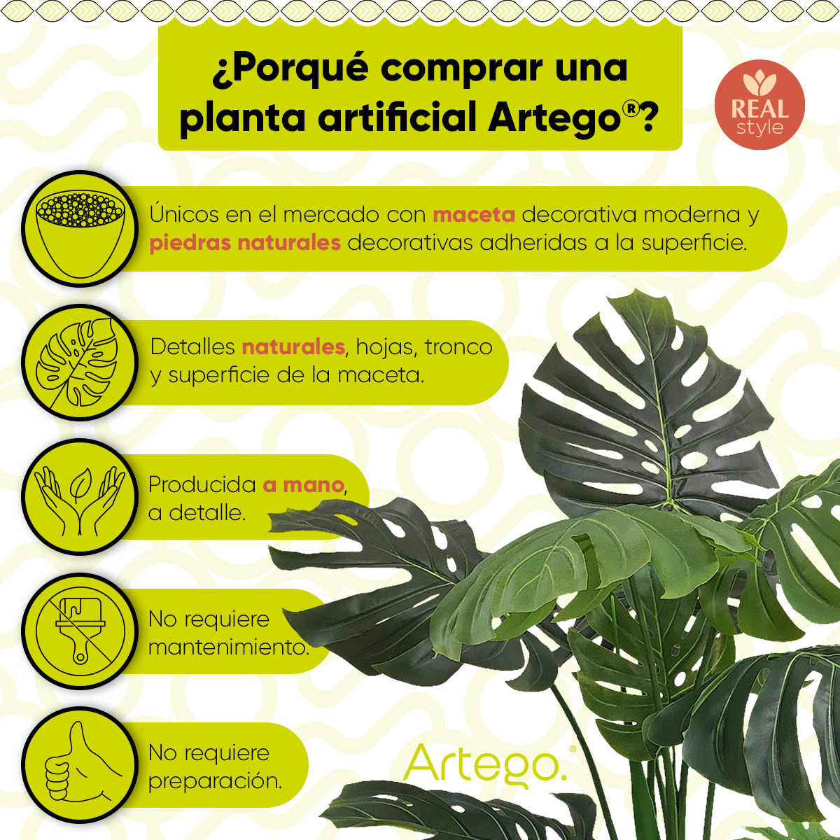 Planta artificial decorativa moderna con maceta Monstera de 140cm de alto Artego para hogar sala comercio oficina.