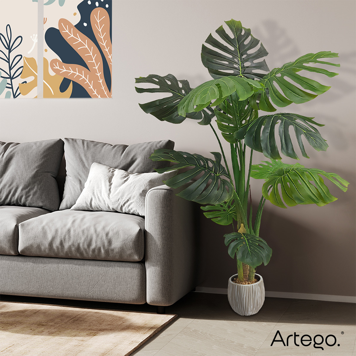 Planta artificial decorativa moderna con maceta Monstera de 140cm de alto Artego para hogar sala comercio oficina.