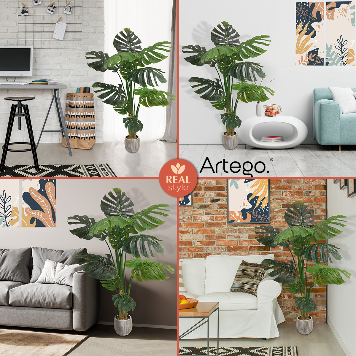Planta artificial decorativa moderna con maceta Monstera de 140cm de alto Artego para hogar sala comercio oficina.