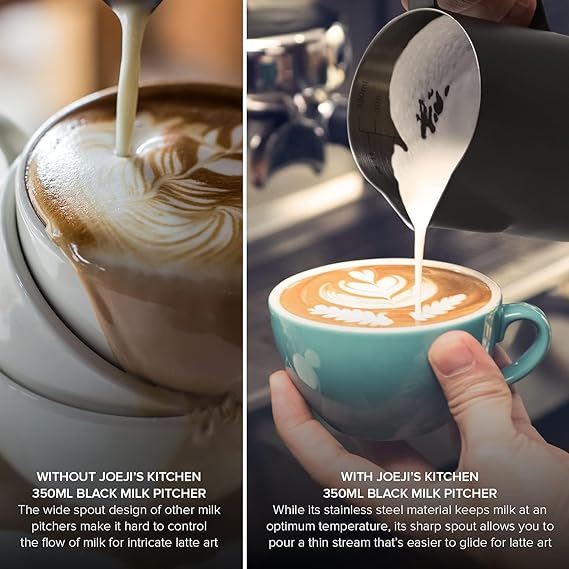 A VASA NAMA 350ml/12oz Jarra de Espumar Leche de acero inoxidable, Jarra para Espumar Leche, Taza de jarra de vapor exprés, 16 moldes y coctelera de polvo de acero, Latte Art Pen/Barista Pen (Negro).