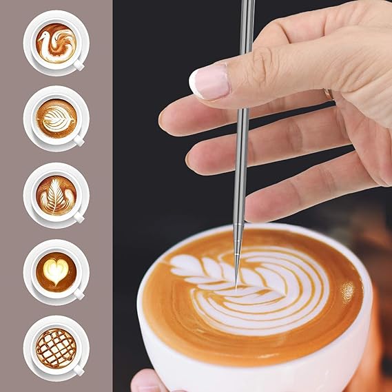 A VASA NAMA 350ml/12oz Jarra de Espumar Leche de acero inoxidable, Jarra para Espumar Leche, Taza de jarra de vapor exprés, 16 moldes y coctelera de polvo de acero, Latte Art Pen/Barista Pen (Negro).
