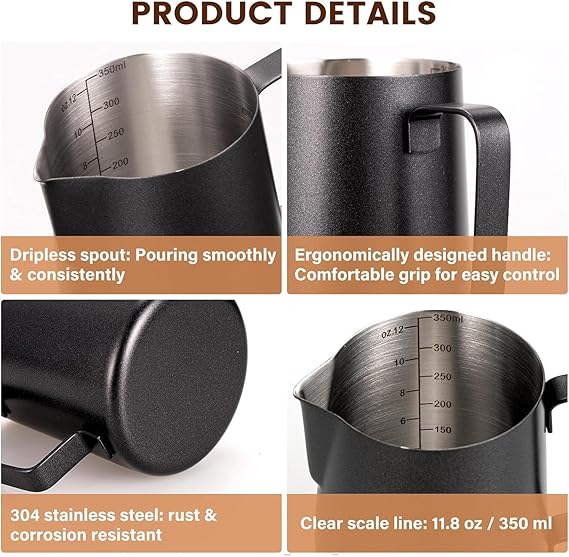 A VASA NAMA 350ml/12oz Jarra de Espumar Leche de acero inoxidable, Jarra para Espumar Leche, Taza de jarra de vapor exprés, 16 moldes y coctelera de polvo de acero, Latte Art Pen/Barista Pen (Negro).