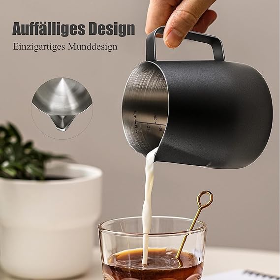 A VASA NAMA 350ml/12oz Jarra de Espumar Leche de acero inoxidable, Jarra para Espumar Leche, Taza de jarra de vapor exprés, 16 moldes y coctelera de polvo de acero, Latte Art Pen/Barista Pen (Negro).