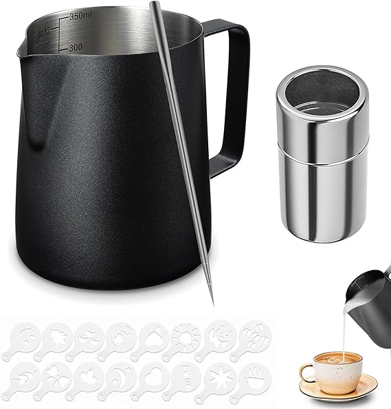 A VASA NAMA 350ml/12oz Jarra de Espumar Leche de acero inoxidable, Jarra para Espumar Leche, Taza de jarra de vapor exprés, 16 moldes y coctelera de polvo de acero, Latte Art Pen/Barista Pen (Negro).