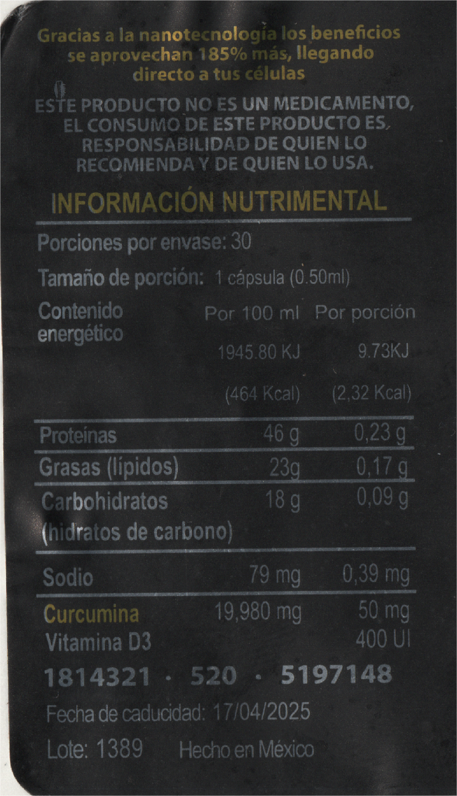 Cúrcuma Extracto con Vitamina D3 de Nanotecnológía 30 Capsulas.