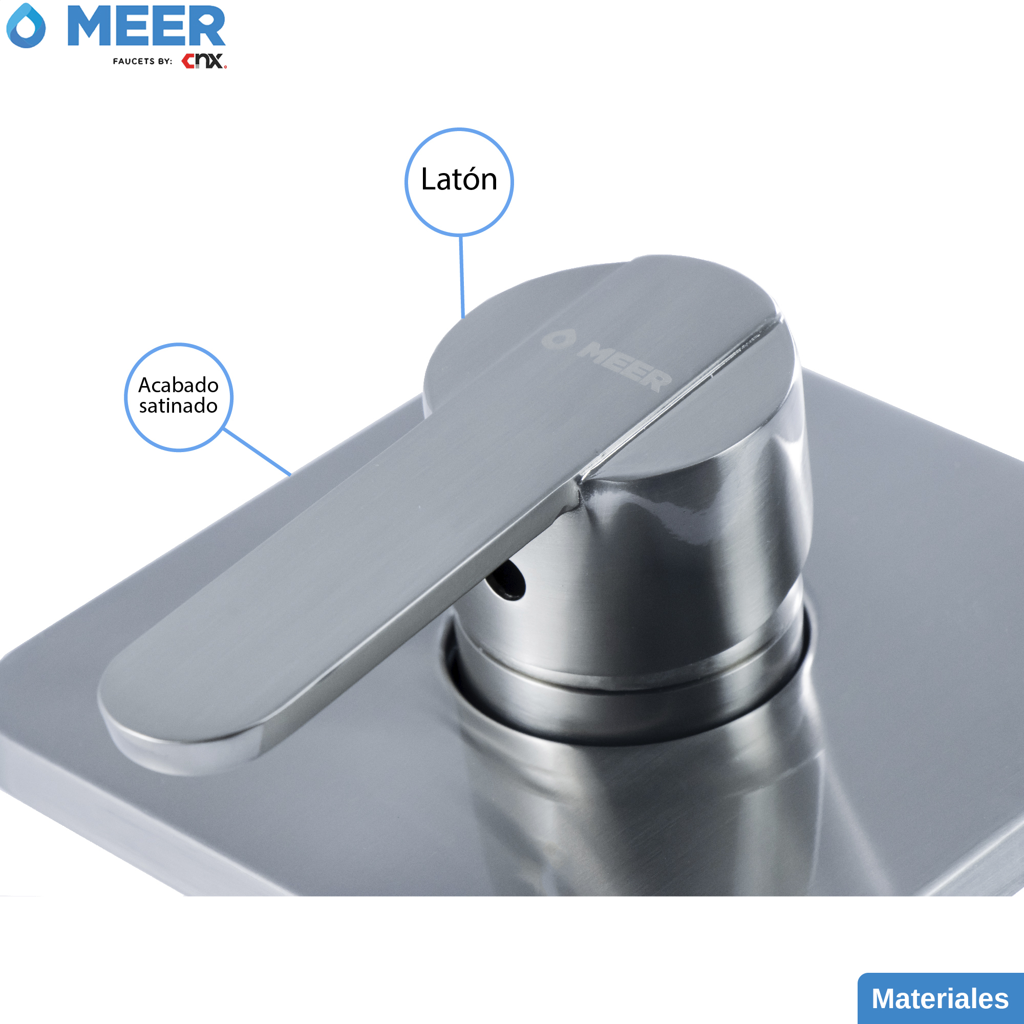 MEER Faucets by CNX - Kit de Regadera con Cuello, Resumidero y Mezcladora Monomando en Acabado Satinado. Kit de Regadera para Baño.