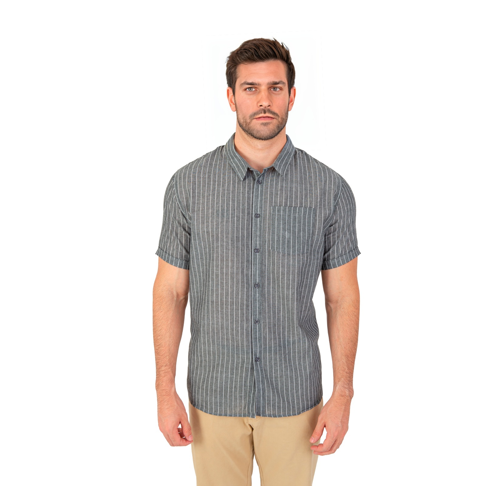 Camisa Manga Corta Slim Fit Color Negro Rayas.