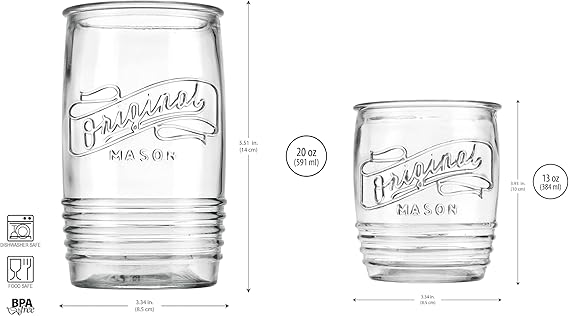A Glaver's Modern Original Mason - Juego de 8 vasos para beber de 4 a 20 onzas y vasos de whisky de 4 a 13 onzas para uso diario en el hogar, agua, cerveza, jugo, cóctel..
