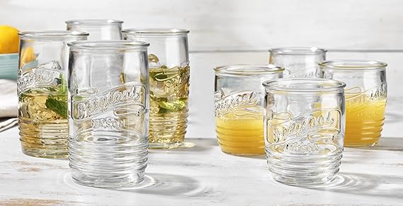 A Glaver's Modern Original Mason - Juego de 8 vasos para beber de 4 a 20 onzas y vasos de whisky de 4 a 13 onzas para uso diario en el hogar, agua, cerveza, jugo, cóctel..