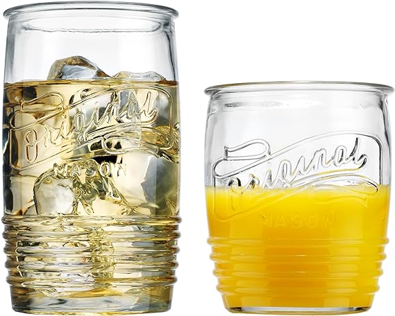 A Glaver's Modern Original Mason - Juego de 8 vasos para beber de 4 a 20 onzas y vasos de whisky de 4 a 13 onzas para uso diario en el hogar, agua, cerveza, jugo, cóctel..
