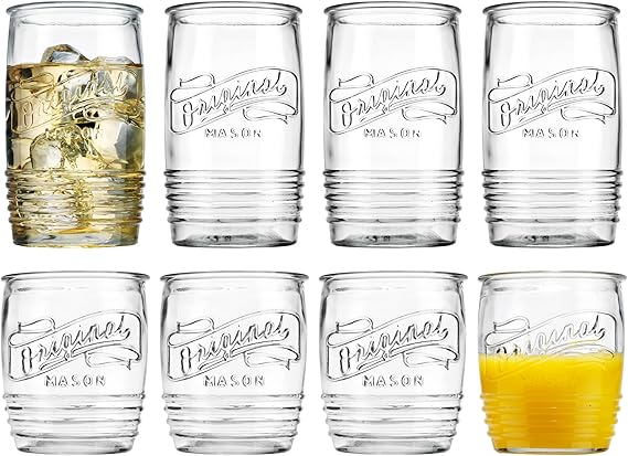 A Glaver's Modern Original Mason - Juego de 8 vasos para beber de 4 a 20 onzas y vasos de whisky de 4 a 13 onzas para uso diario en el hogar, agua, cerveza, jugo, cóctel..
